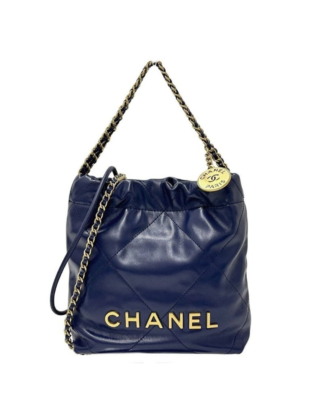 Chanel 2-Way Shoulder Bag 22 Leather Navy Gold Chain
